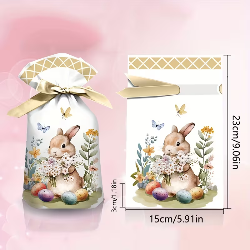 Набір Великодні подарункові багаторазові мішечки з зайчиком та квітами на Стрічці 10 штук, розміри 23*15 см ( D1057067 ) Пасхальний кролик