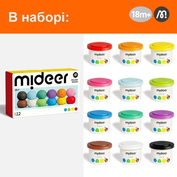 Маса для ліплення М'яке тісто MiDeer М'яка глина 12 кольорів ( MD1501 ) для дітей від 18 місяців