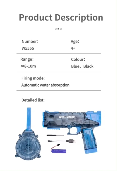 Водний пістолет водяний бластер дитячий Weal Maker на акумуляторі електронний акумуляторний із зарядкою від usb затвором на 2 обойми 500 і 50 мл синій водні пістолети водяні бластери (W 555-blue)