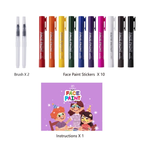 Фарби для обличчя Tookyland безпечні, що змиваються, 10 кольорів для макіяжу + 2 пензлі ( LT412 ) вік від 3 років