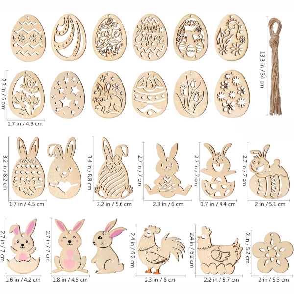 Набір дерев'яних Великодніх прикрас для розпису , 12 штук розміром 7*5 см, з конопляною мотузкою ( А-01-короб ) розмалюй сам