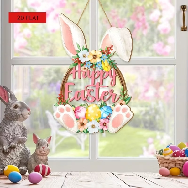 Декор Пасхальний Зайчик 2D плоска дерев'яна підвіска на двері з мотузкою ( LZY339 )