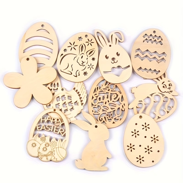 Набір дерев'яних Великодніх прикрас для розпису , 12 штук розміром 7*5 см, з конопляною мотузкою ( А-01-короб ) розмалюй сам