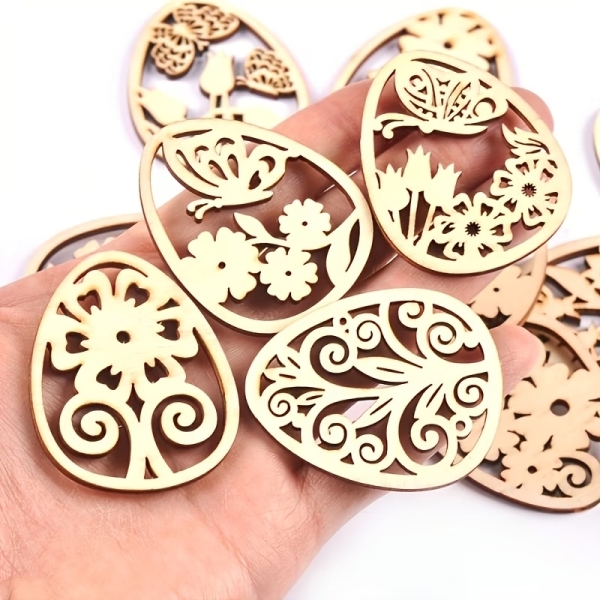 Набір дерев'яних Великодніх прикрас для розпису , 12 штук розміром 7*5 см, з конопляною мотузкою ( А-01-короб ) розмалюй сам