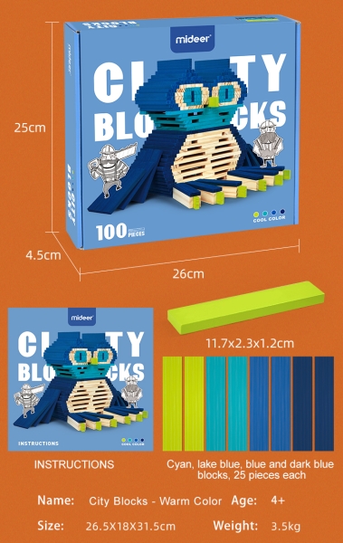 Будівельні дерев'яні блоки CITYBLOCKS Mideer Холодні  кольори 100 деталей ( MD1116 ) монтесорі