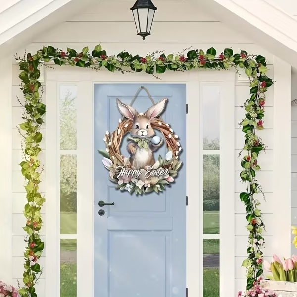 Дерев'яний декор Пасхальний Зайчик 2D плоска підвіска на двері з мотузкою ( АО449 ) 