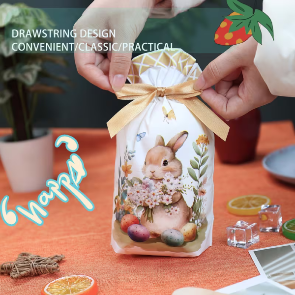 Набір Великодні подарункові багаторазові мішечки з зайчиком та квітами на Стрічці 10 штук, розміри 23*15 см ( D1057067 ) Пасхальний кролик