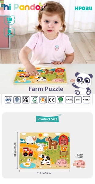 Дитячий дерев'яний розвиваючий іграшковий пазл Tooky Toy Монтессорі, Тварини на фермі ( HP024) для малят від 18 місяців