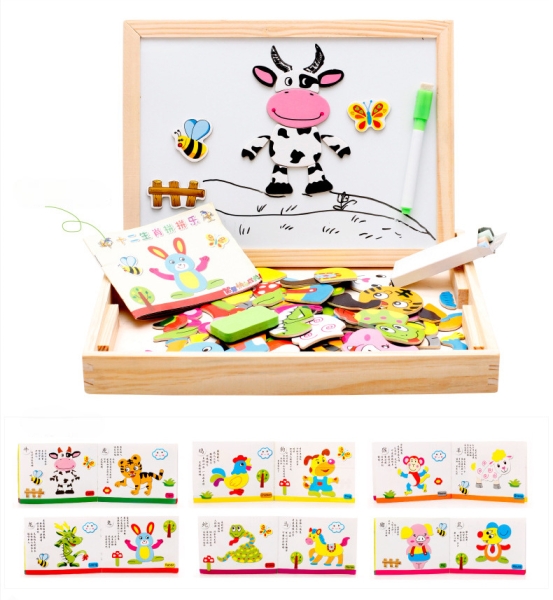 Магнітна дерев'яна  двостороння дошка з пазлами та маркером "пиши-витирай" Тварини на фермі, для дітей від 3 років ( FQPT-16 )