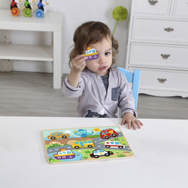 Дитячий дерев'яний розвиваючий іграшковий пазл-сортер Tooky Toy Монтессорі, Транспорт ( HP029) для малят від 18 місяців
