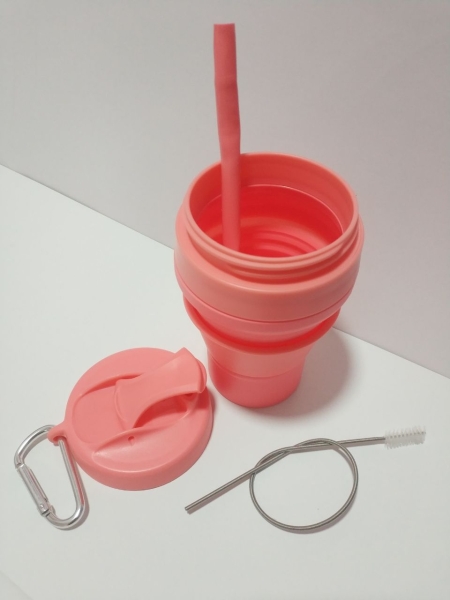 Складана силіконова склянка з кришкою та трубочкою 350 мл Tonna Waist  SALMON-PINK 